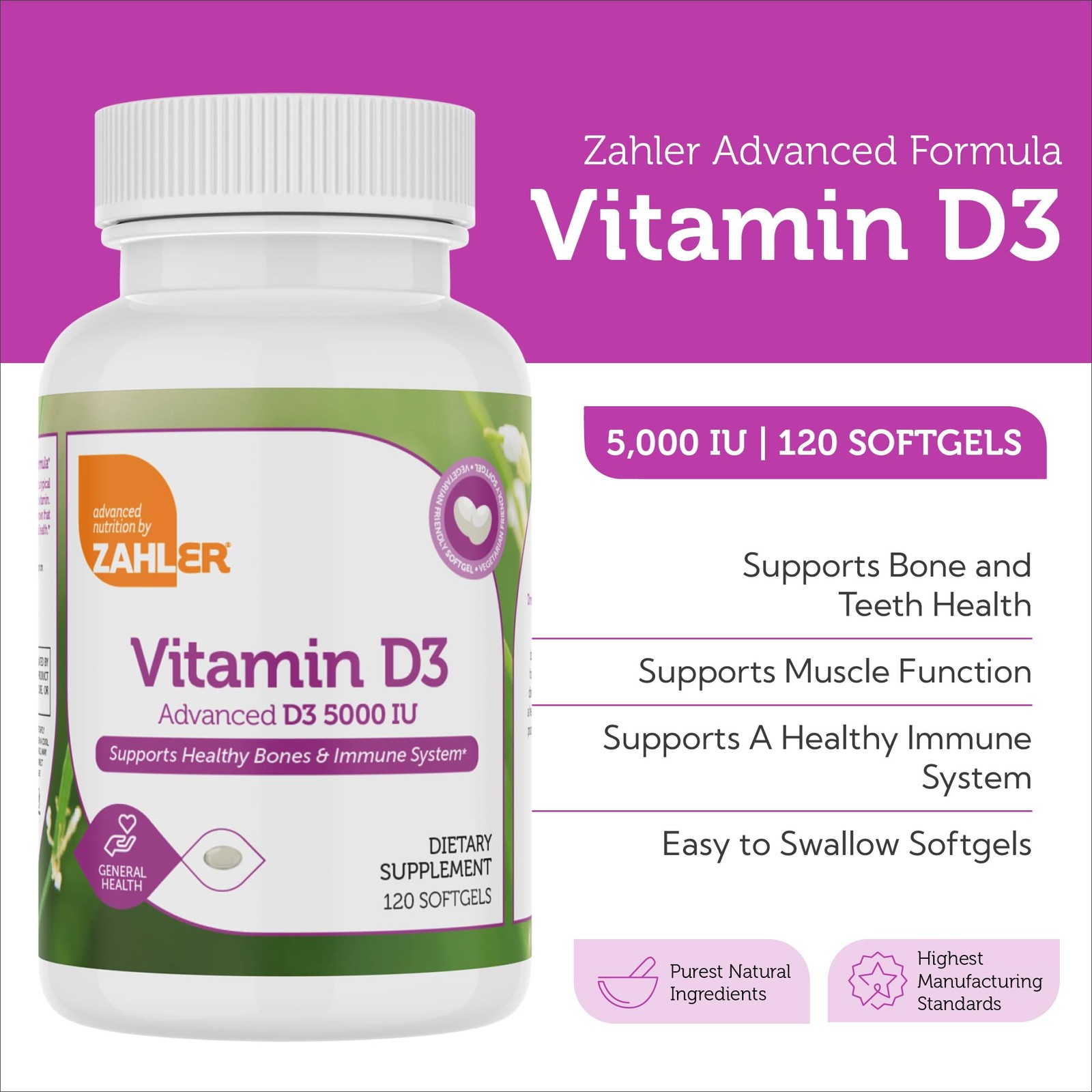 Zahler – Advanced Vitamin D3 5000 IU Softgels 120 Count (Pack of 1), No Color