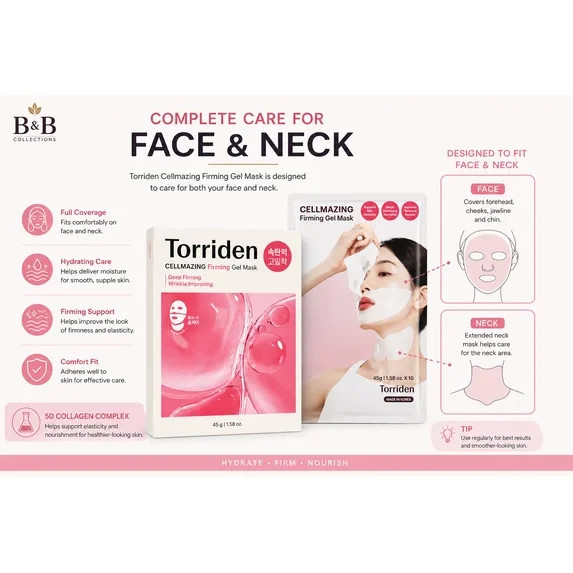 Torriden Cellmazing Gel Mask – 5D Collagen Hydrogel, Firms Face & Neck, 10 Ct