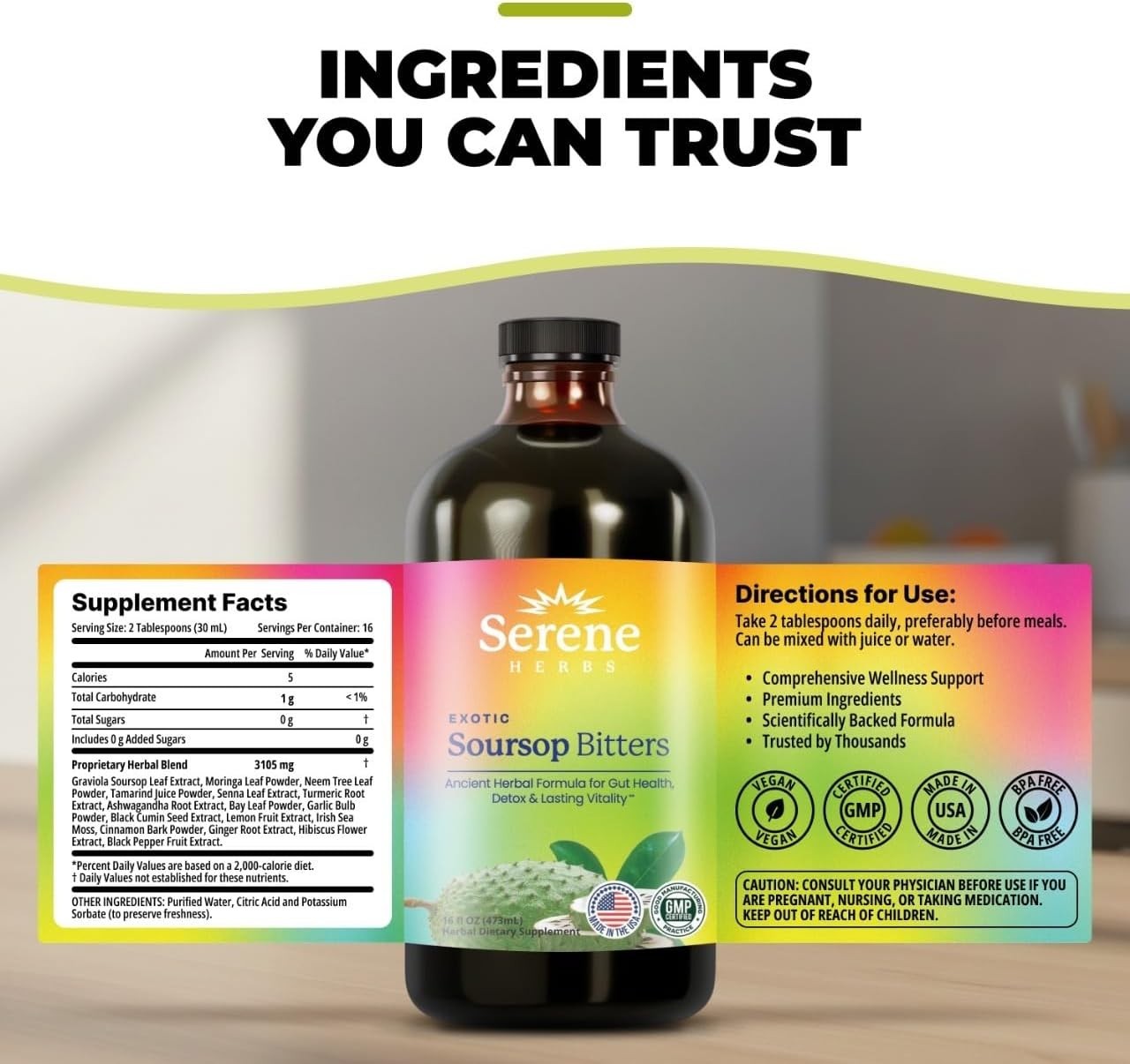 Exotic Soursop Bitters, 100% Pure Natural Organic Detox Herbs 16 oz