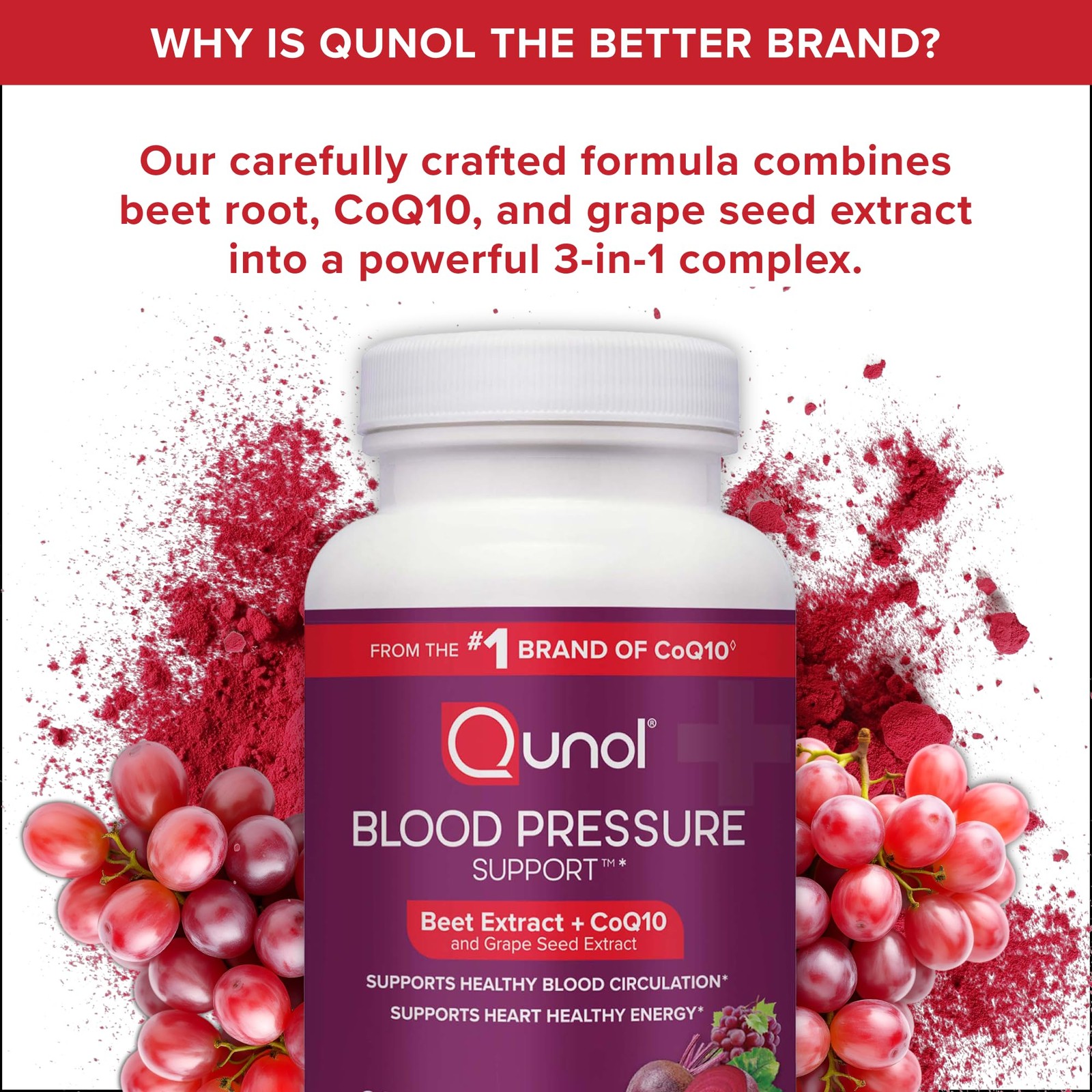 Qunol Blood Pressure Support, 3 in 1 Beets + CoQ10 + Grape Extract, Beet Root…