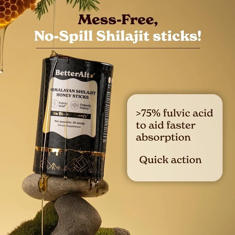 Better Alt Pure Himalayan Shilajit Honey Sticks with Organic Honey, Naturally Sw