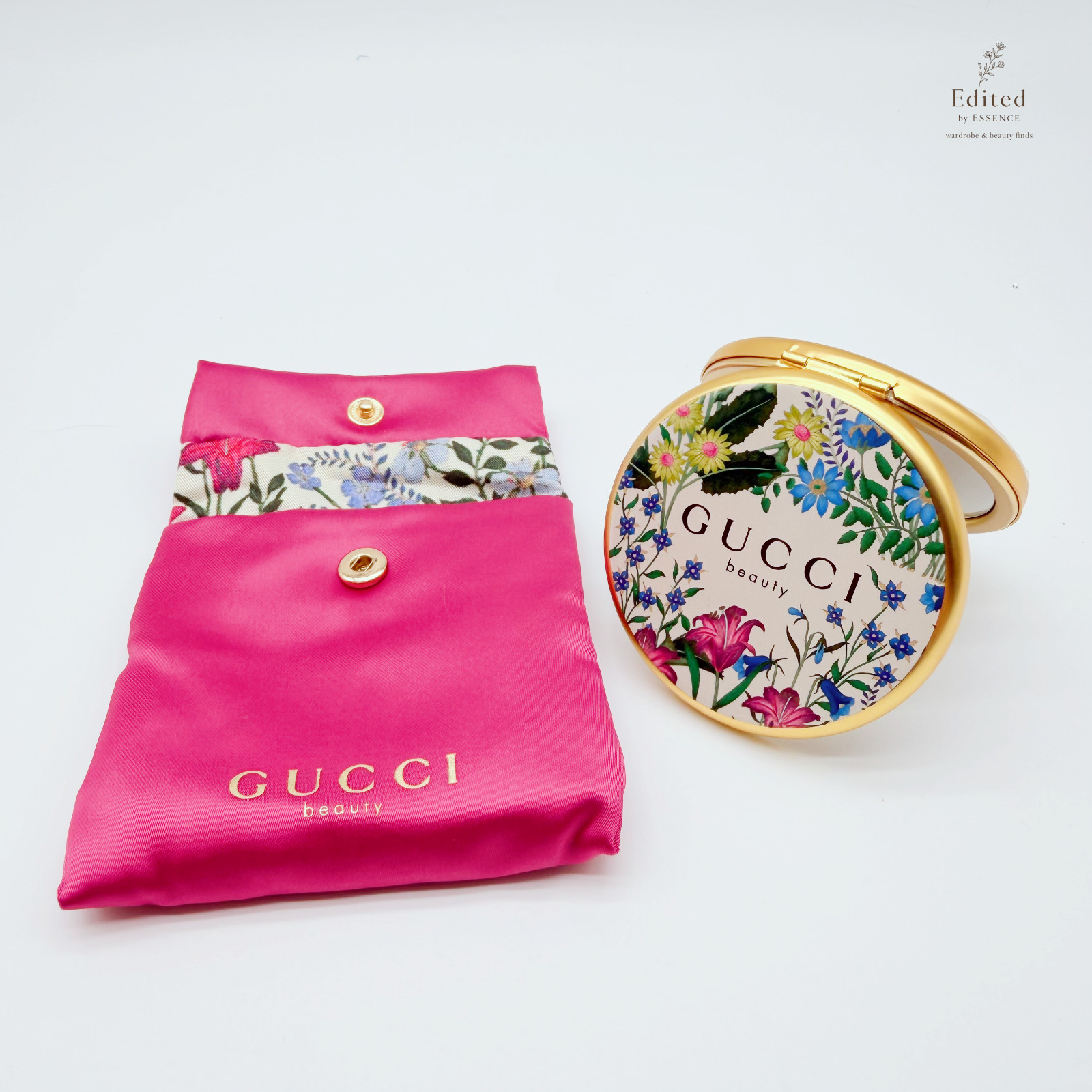 Gucci Beauty Floral Compact Mirror w/ Pink Satin Pouch Gold Tone 6cm