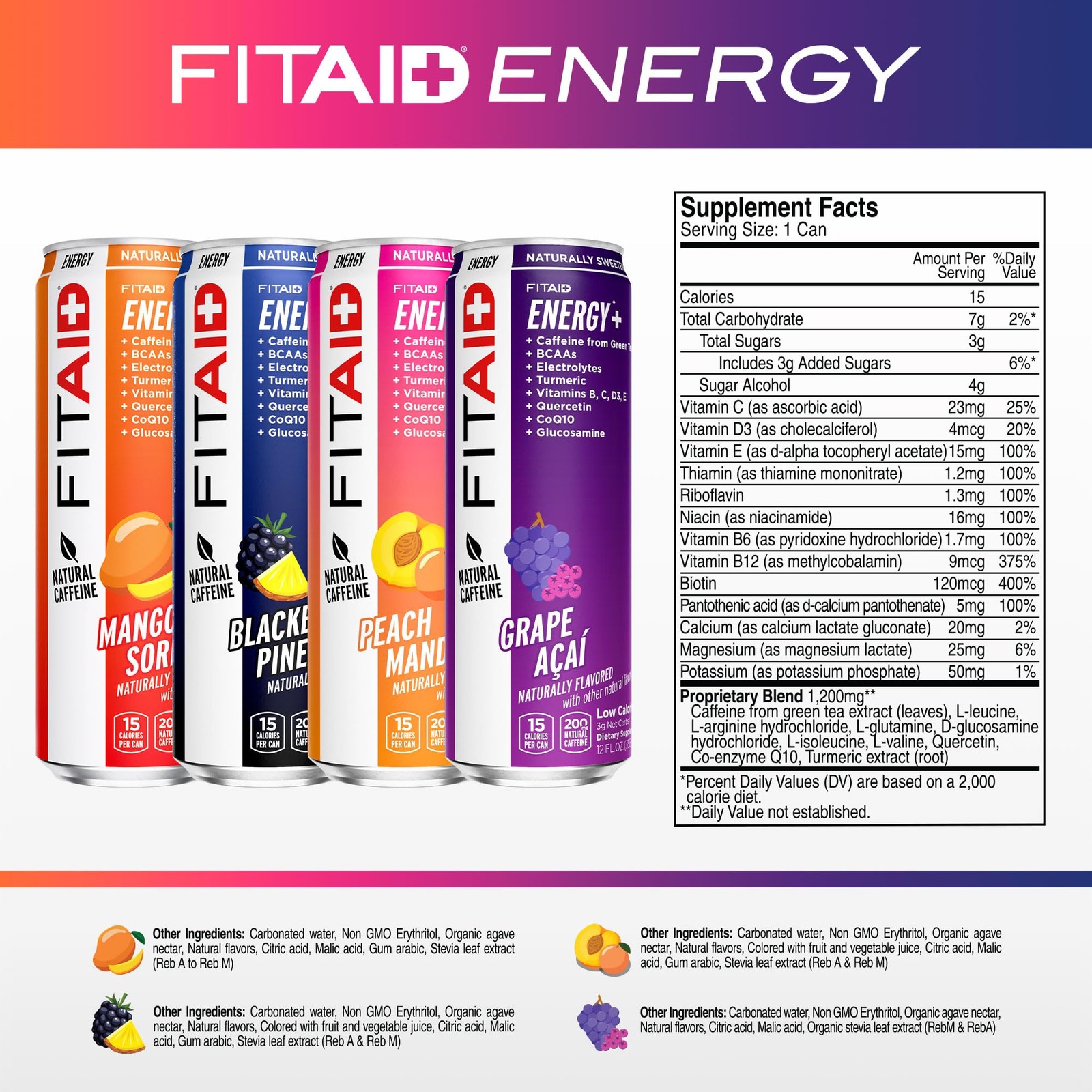 LIFEAID FITAID Energy Drink 200mg Natural Caffeine Keto 15 Calories Variety P…
