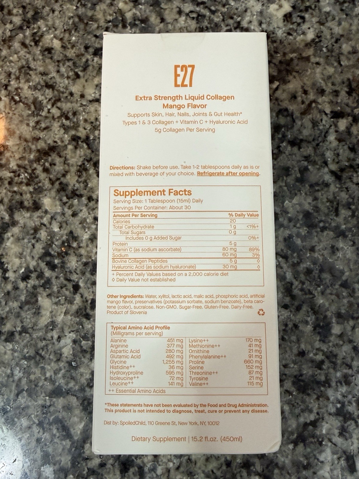 SpoiledChild E27 Liquid Collagen Drink 15.2 oz Mango Sealed Bottle