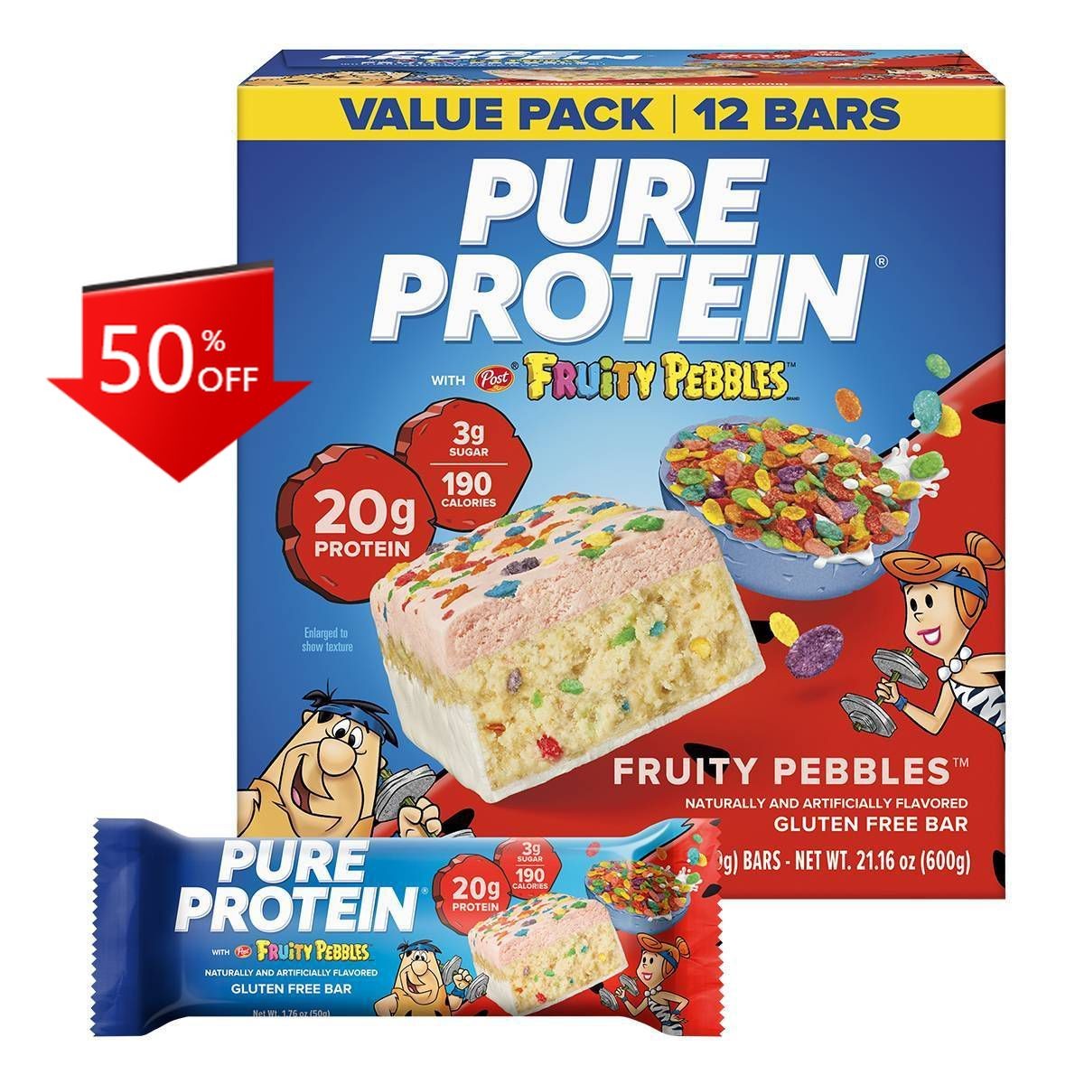 Pure Protein Gluten-Free Post Fruity Pebbles Snack Bars-20g Protein-21.16oz/12ct