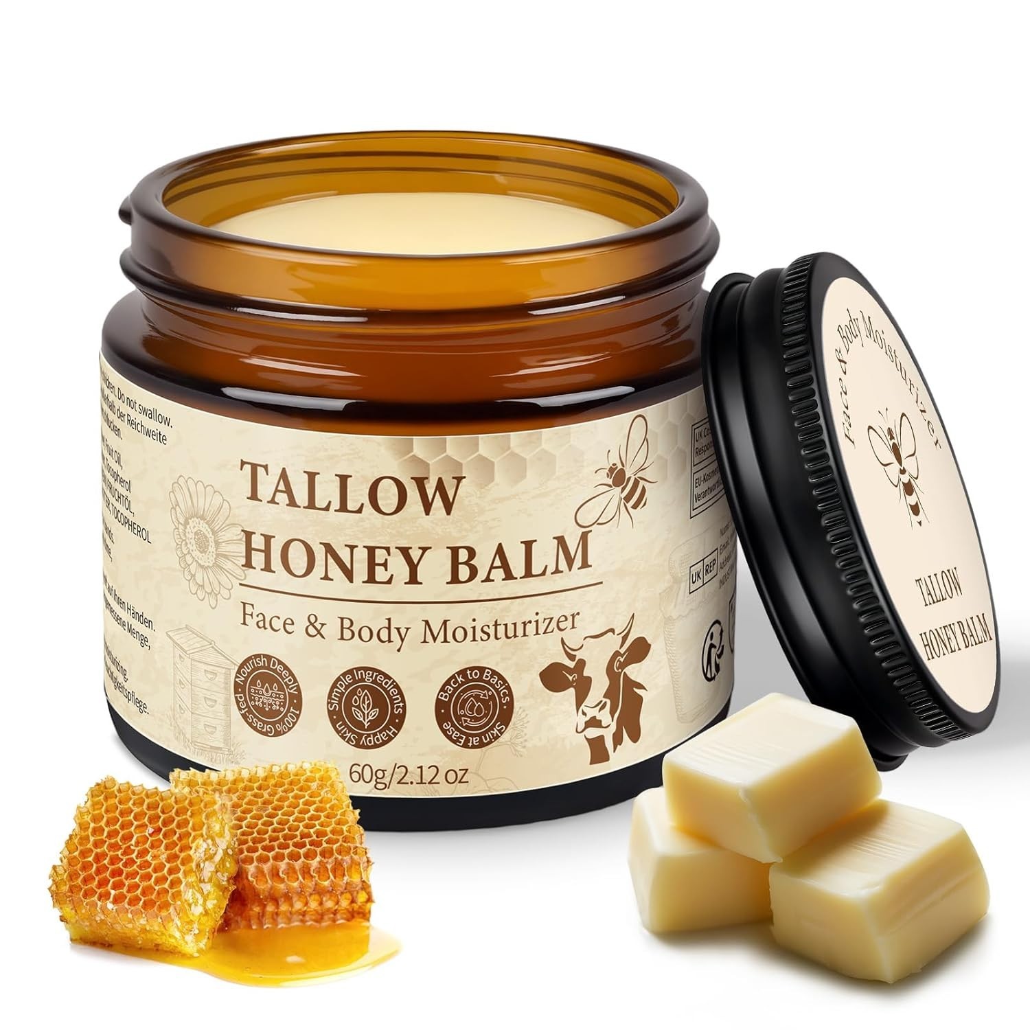 Tallow Honey Balm Face Body Moisturizer Grass Fed Beef Tallow 2oz