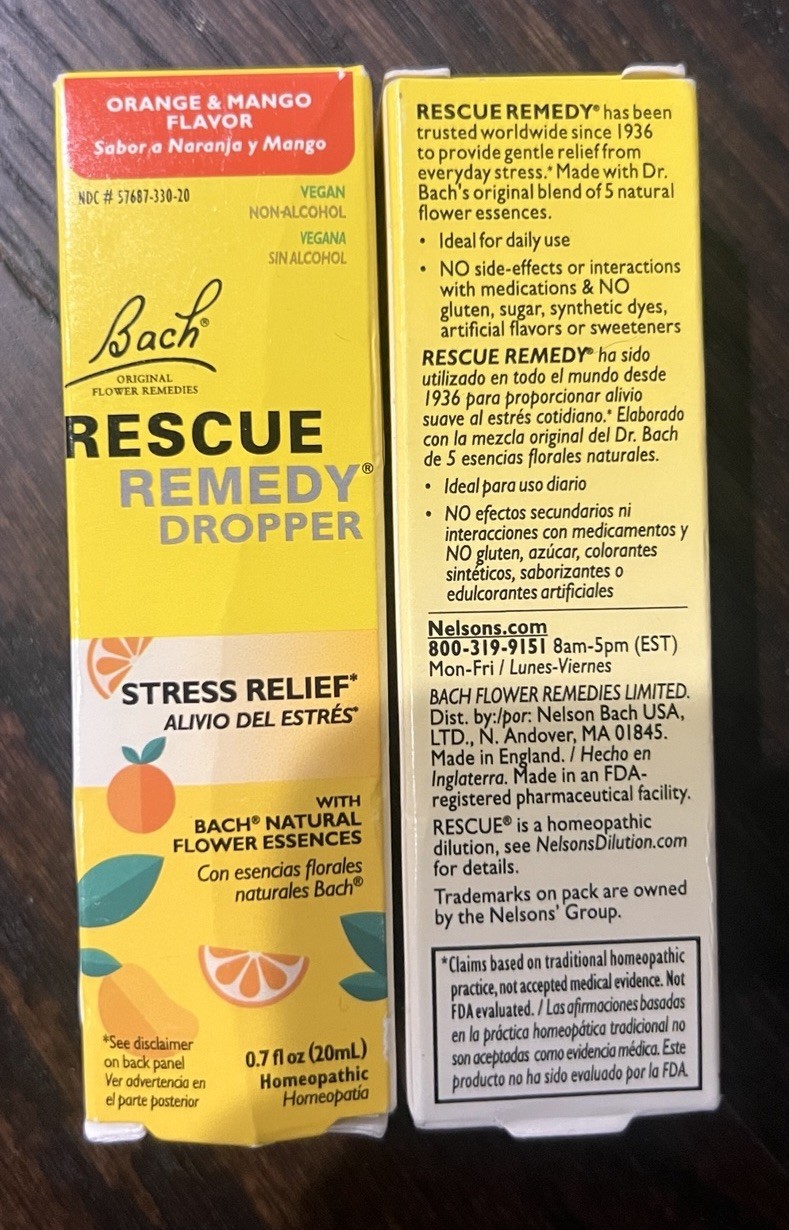 2 PACK, 0.7 fl oz (20mL) EACH bottle, Bach RESCUE REMEDY Dropper Orange Mango