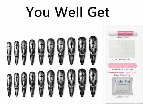 Gothic Press On Nails – 1.6in Ultra Long Stiletto Almond, Black 3D Cat Eye Desig