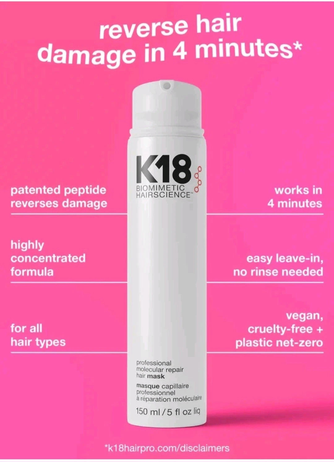 K18 Biomimetic Hairscience Leave-in Molecular Repair Hair Mask- 150ml/5oz Sealed