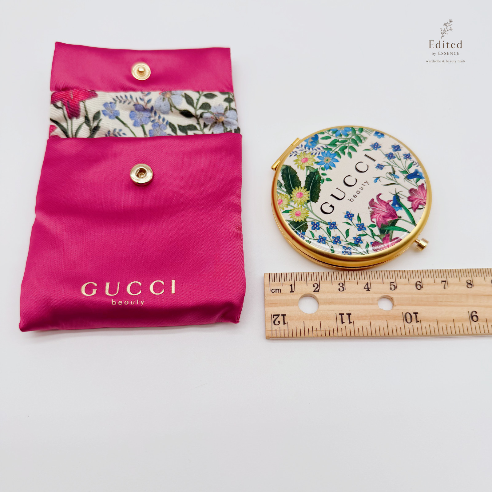 Gucci Beauty Floral Compact Mirror w/ Pink Satin Pouch Gold Tone 6cm