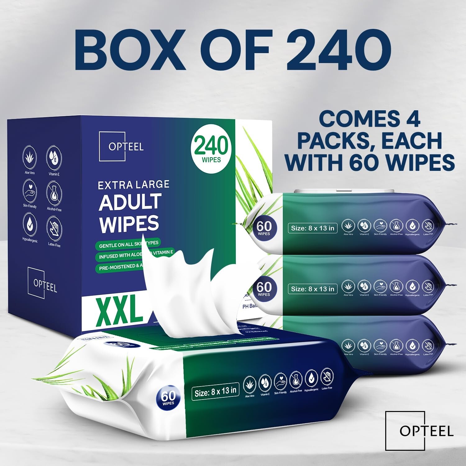Adult Wipes For Elderly – 8″x13″ 240ct (4 Packs of 6) Huge & Soft Body Wipes