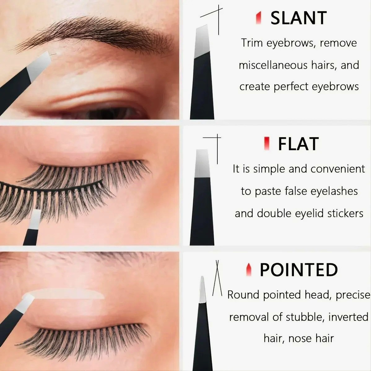 Professional 3PC Stainless Steel Tweezers Set Slant Tip Eyebrow Hair Remover