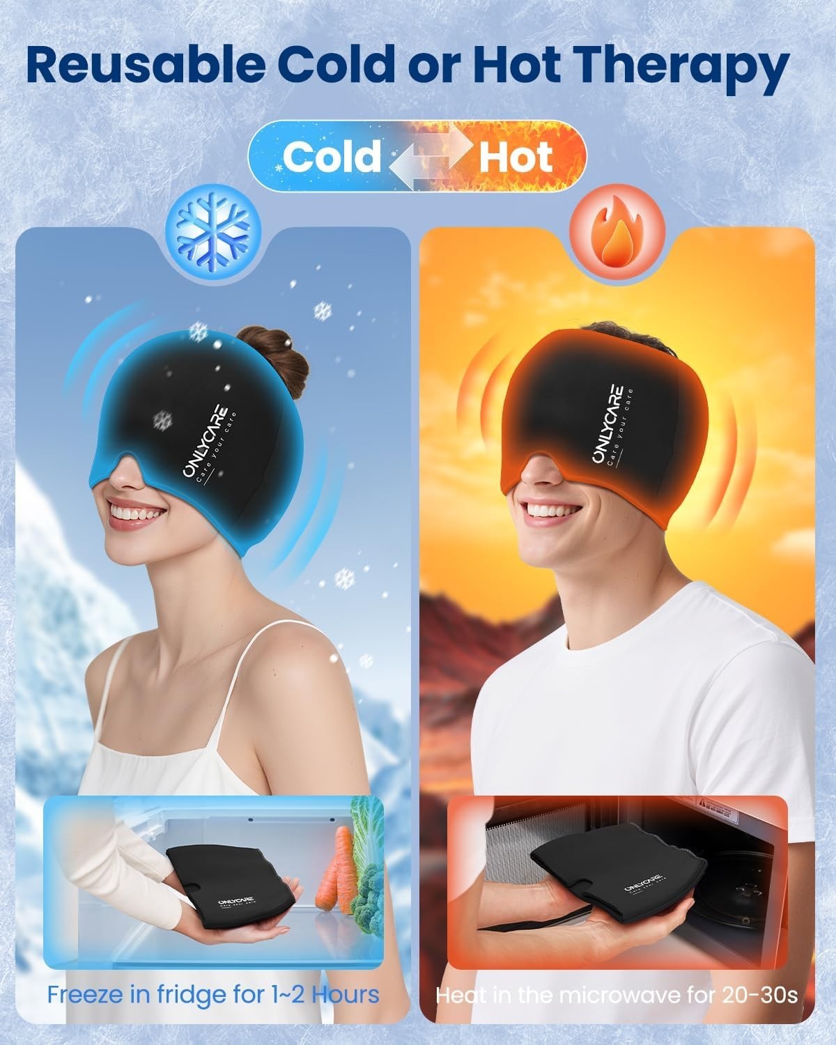 Sleek Black Odorless Migraine Relief Cap with Hot & Cold Therapy for Adults