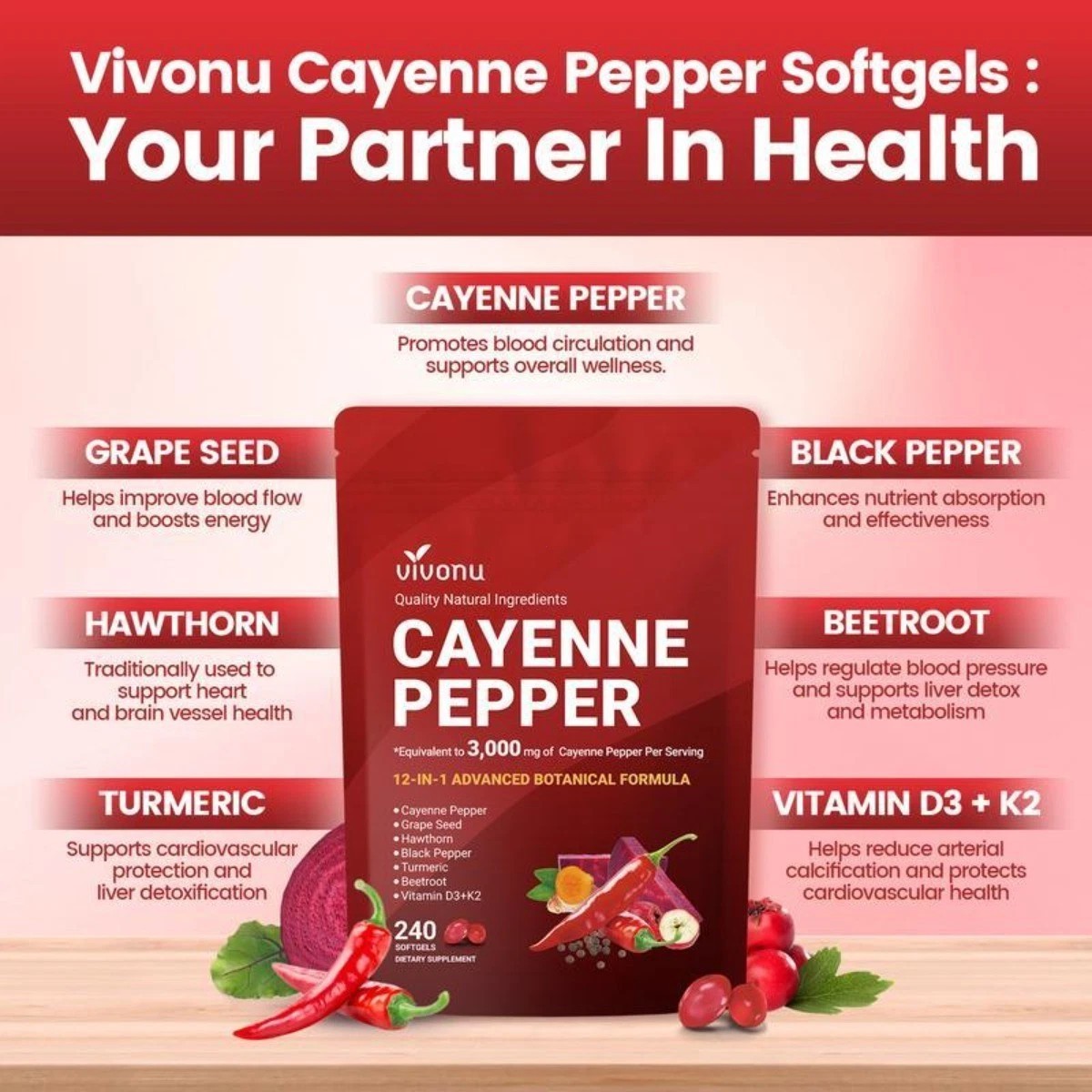 Cayenne Pepper + D3/K2 Softgels–240 Count,Supports Heart,Liver Detox&Metabbolism