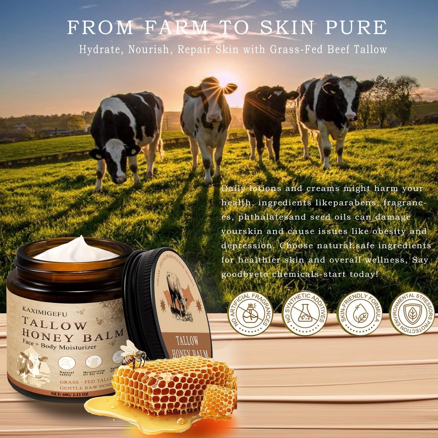 Grass Fed Whipped Beef Tallow Balm Honey Face Body Cream SPF20 2.8oz