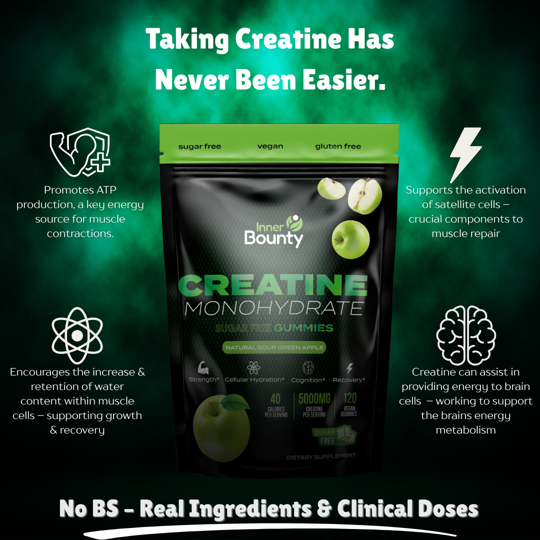 Case Of Inner Bounty Sugar Free Creatine Monohydrate Gummies 5g Green Apple