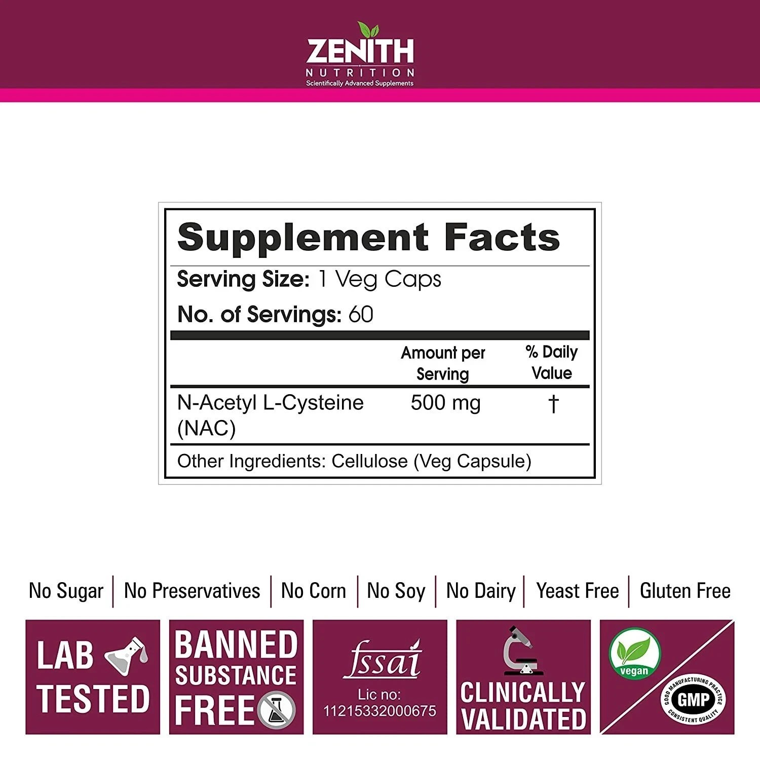 Zenith Nutrition Nac(N-Acetyl-Cysteine) 500mg Antioxidant & Respiratory Support