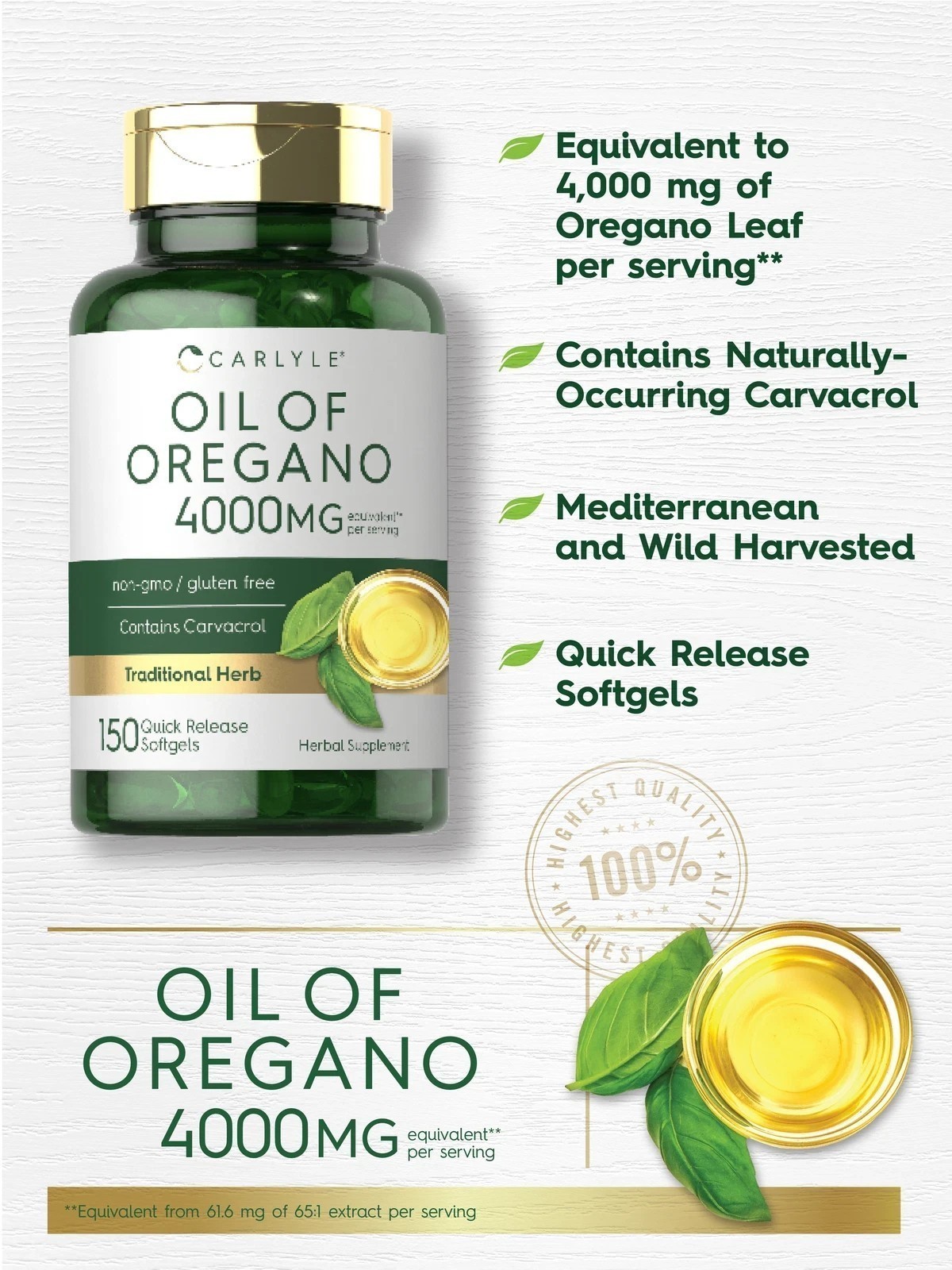 NEW Oregano Oil 4000 mg 150 Softgel Capsules | Contains Carvacrol