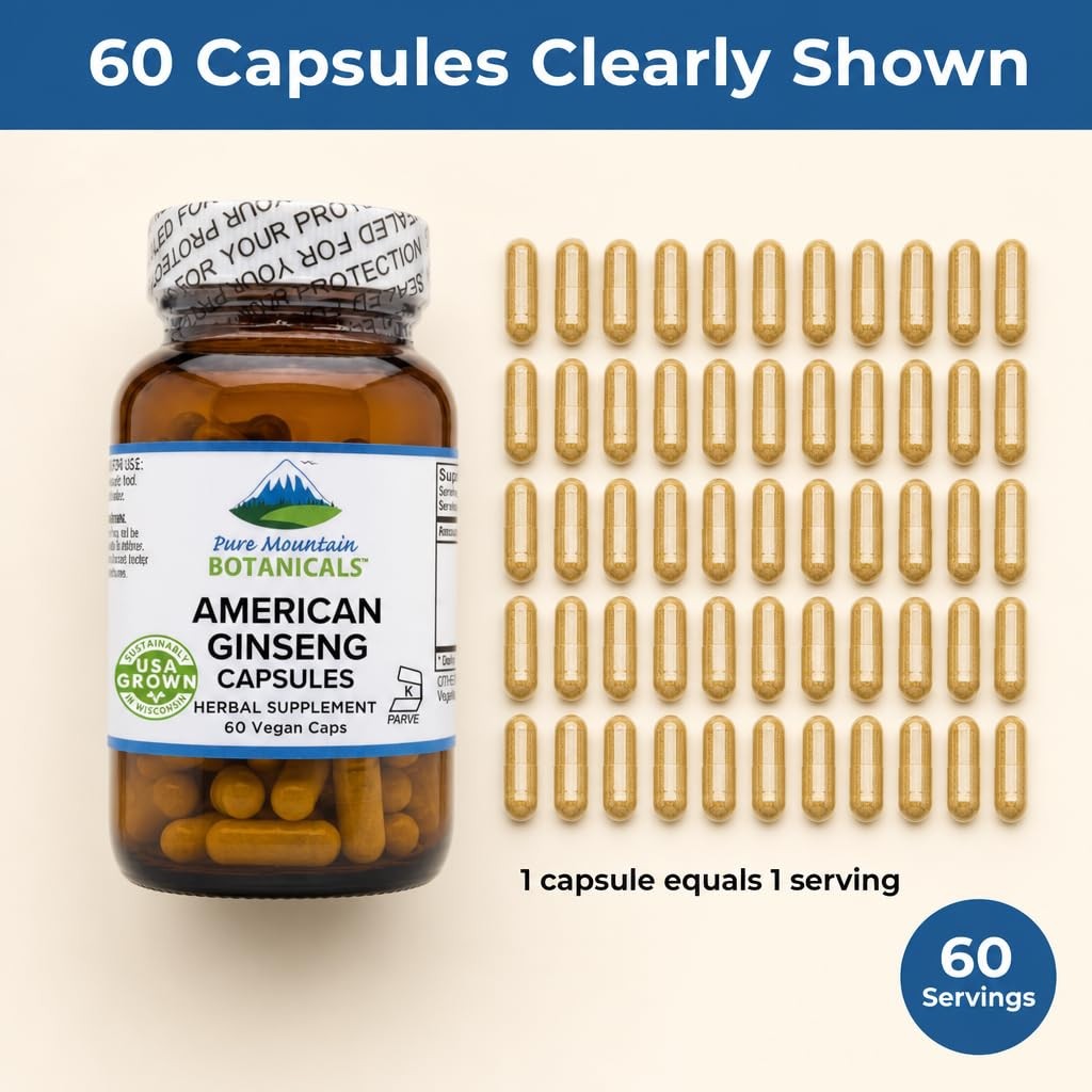 Pure Mountain American Ginseng Capsules – Kosher Vegan 400mg Panax Quinquefolia