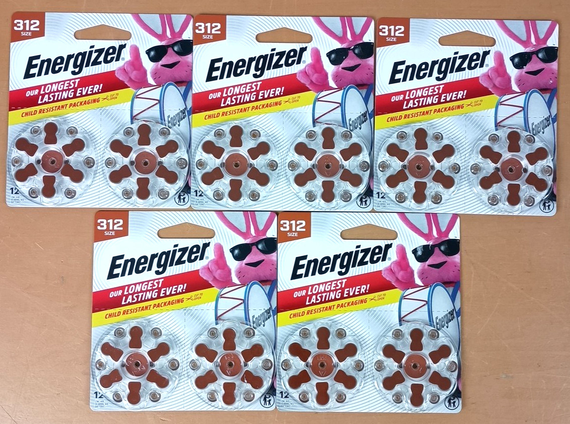 *60 Count* Lot of 5 12-packs ENERGIZER 312 1.45V Hearing Aid Battery Exp 12/2029