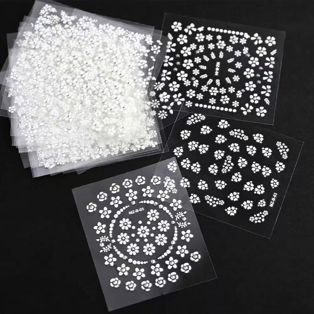 White Flower Nail Art Stickers White Flower with Rhinestones Nail Decals 3D Self