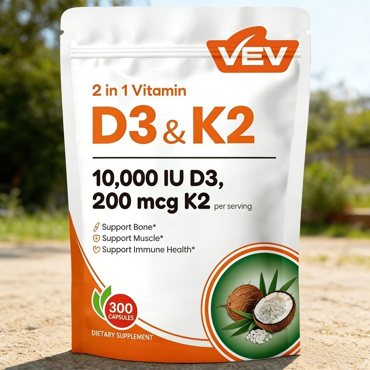 NEW VEV 2-in-1 Vitamin D3 + K2 Supplement with Virgin Coconut Oil