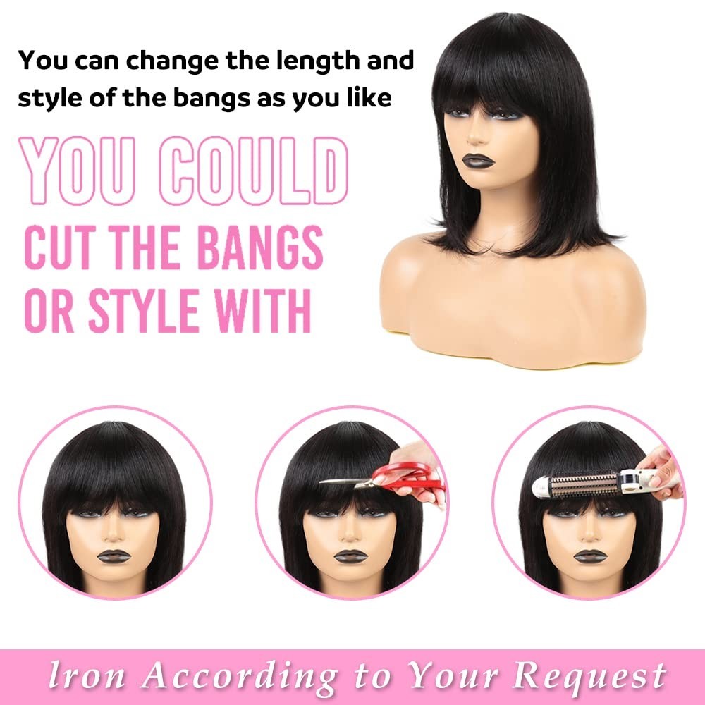 Short Bob Human Hair Wig with Bangs None Lace Front Wigs Brazilian Straight Hair