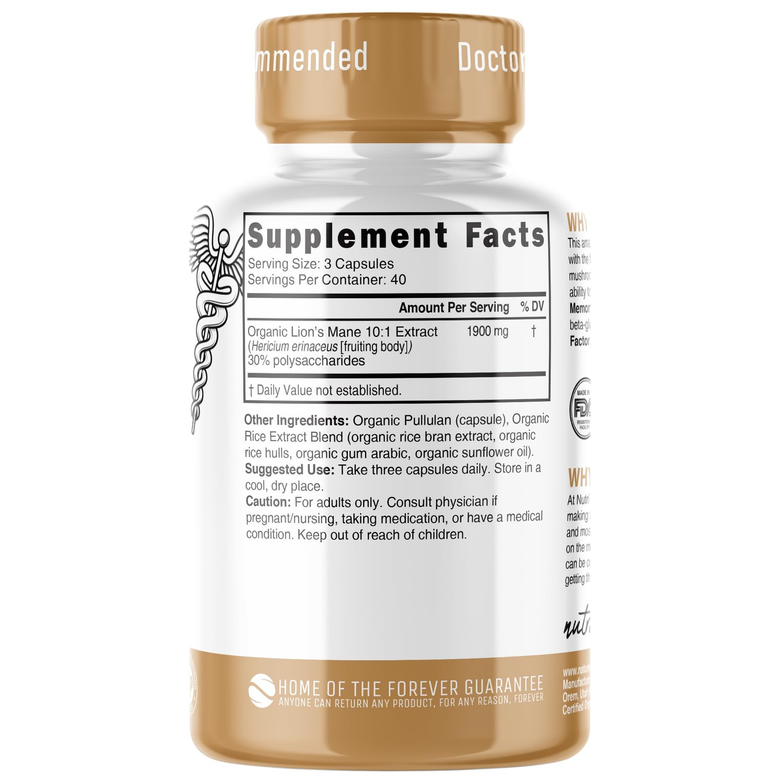 Nutri Organic Lions Mane Supplement Capsules – 1900 mg, 10:1 Dual…