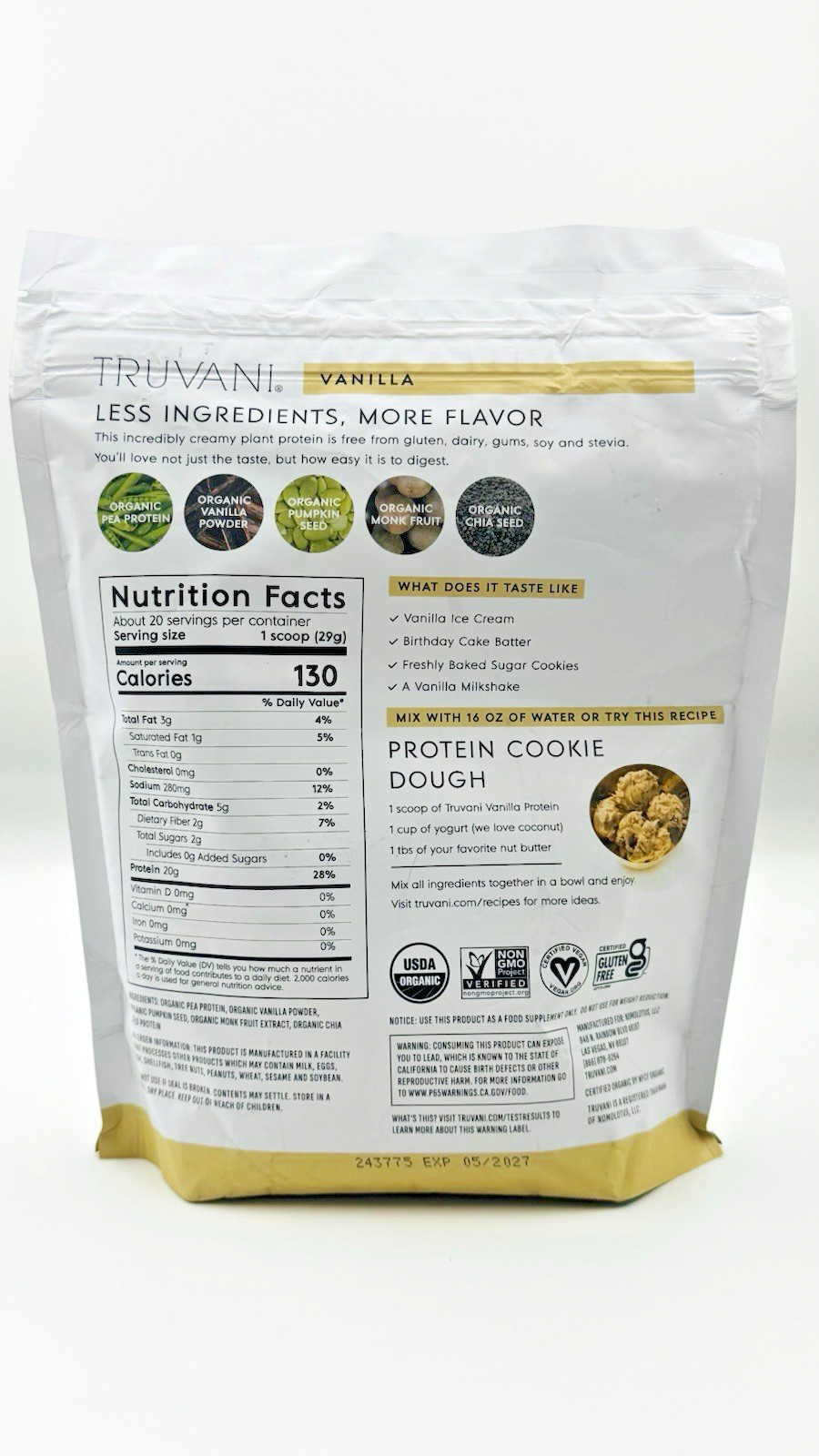 Truvani Organic Plant Based Protein Vanilla 20.95oz New Sealed Exp: 05/2027