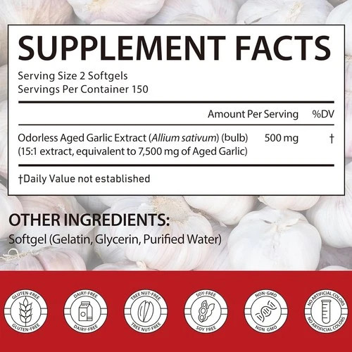 1 PACK Elare Aged Garlic Extract, 300 Softgels, 7500mg Odorless | Heart & Immune