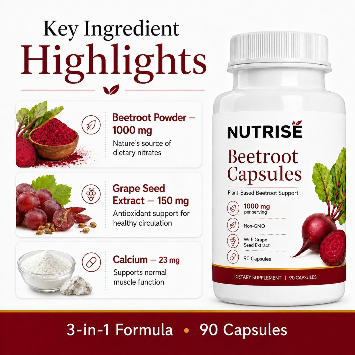 Nutrise Beetroot Capsules，Vegan, Non-Gmo, Gluten-Free, 90 Capsules