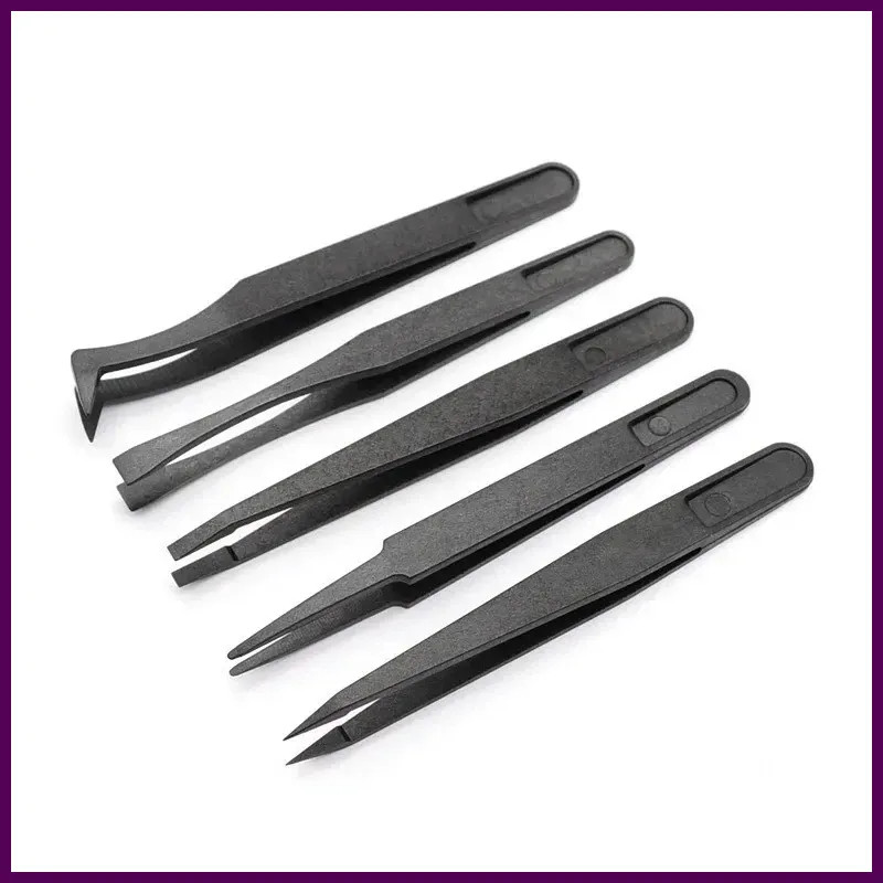 New Arrival 5Pcs/Set Portable Black Straight Bend Anti-Static Plastic Tweezer He
