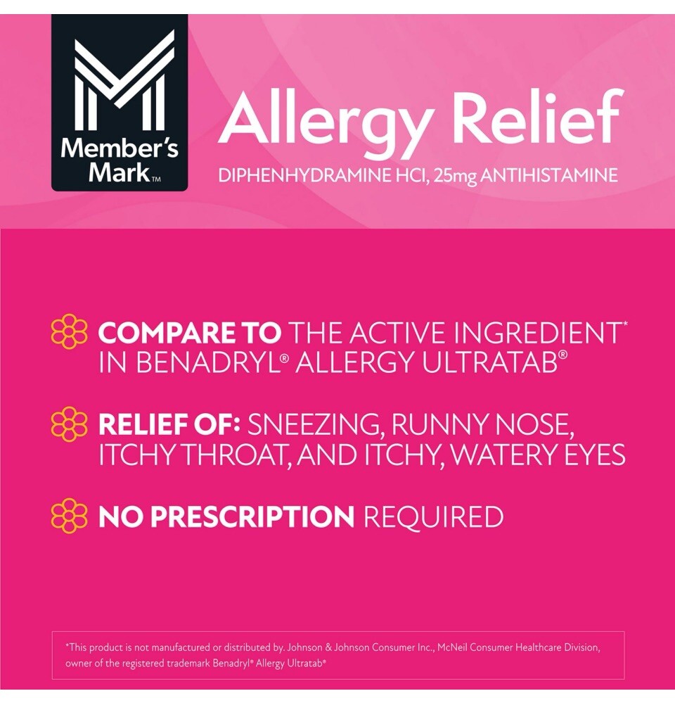 Member’s Mark Aller Ben Allergy Medication 600ct Tabs 25mg ~ Compare 2 Benadryl