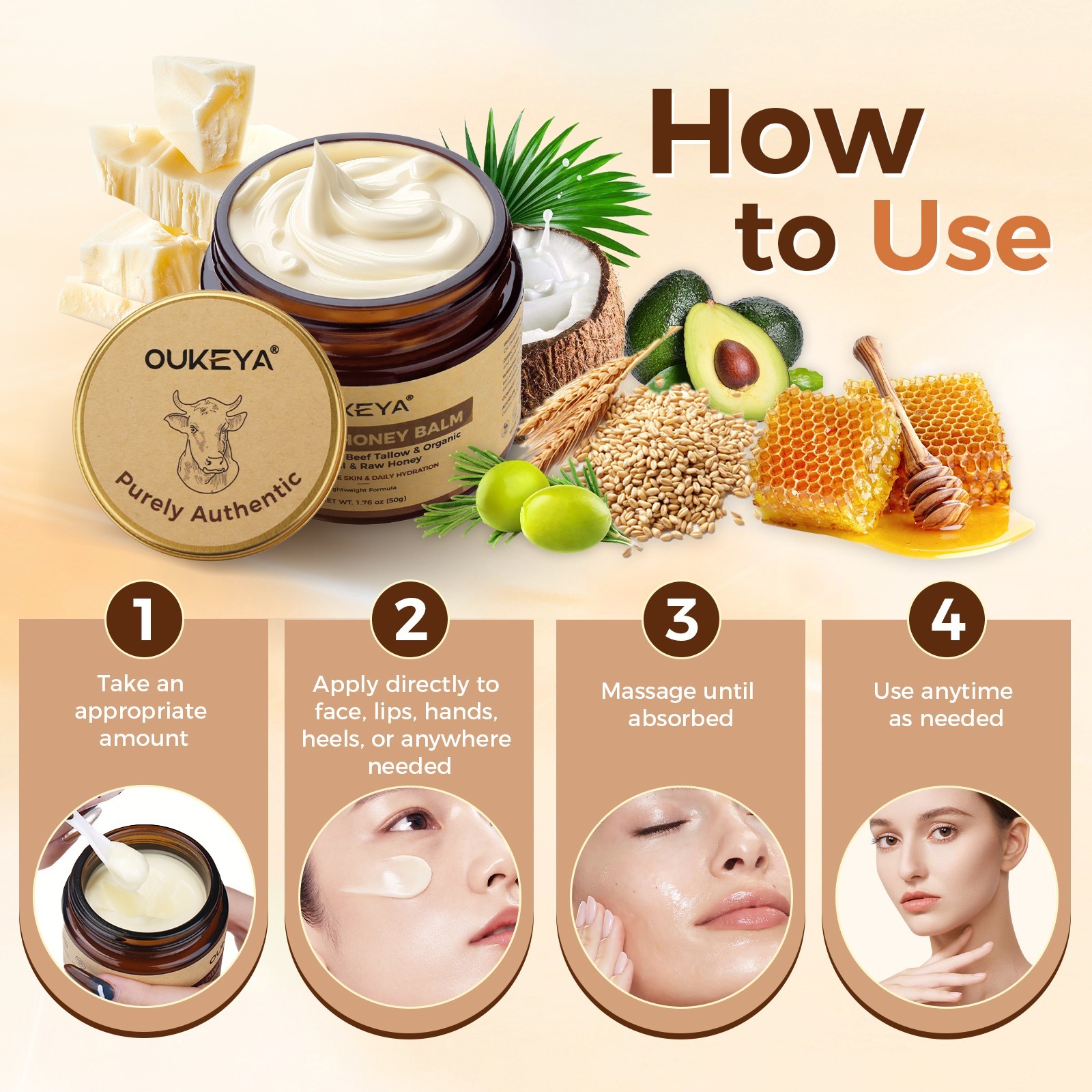 OUKEYA 100% Grass-Fed Beef Tallow Balm Deep Moisturizing Face Cream For Skin