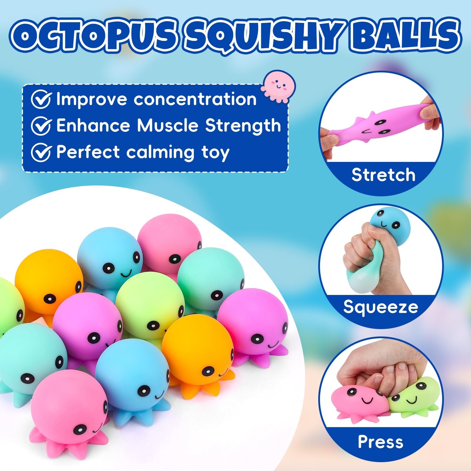 12 Pack Cute Octopus Stress Balls – Fidget Toys, Squishy Squeeze Balls, Party Fa