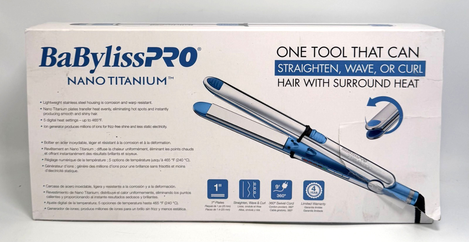 BaBylissPRO Nano Titanium Prima Ionic Hair Straightener 1”/25 mm *NEW See Box*