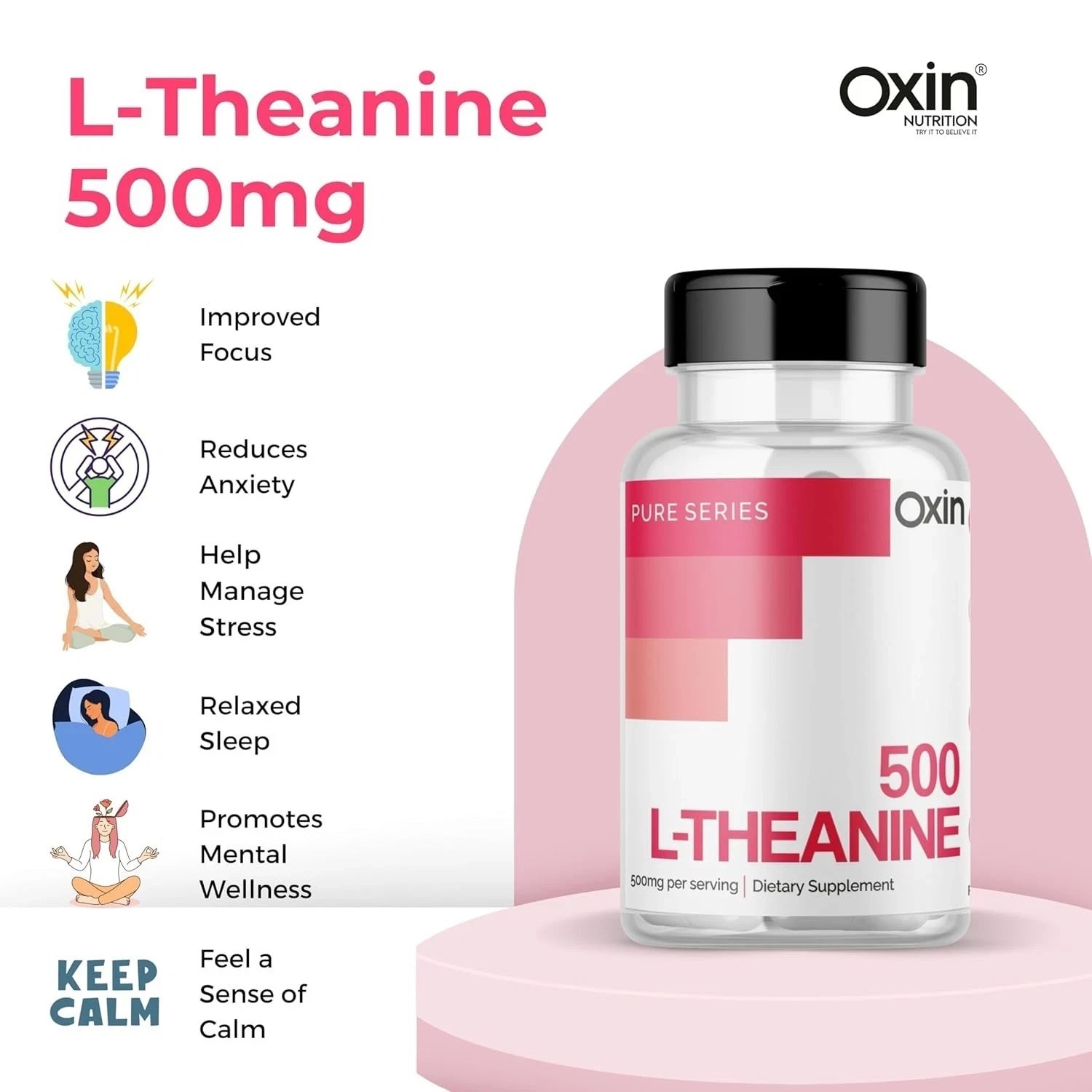 Oxin L Theanine 500mg Capsules Pure Series, 60 Capsules