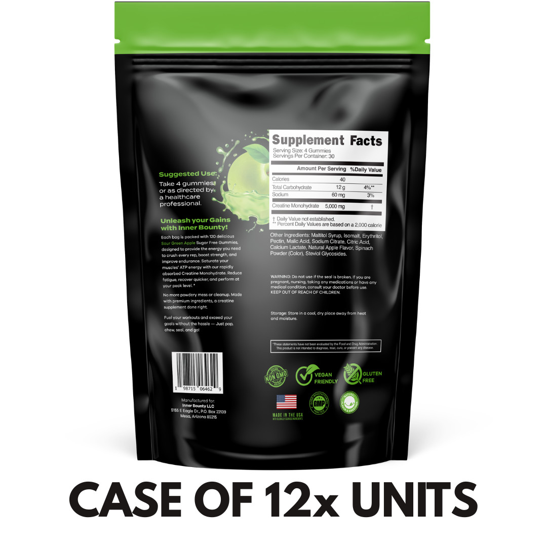 Case Of Inner Bounty Sugar Free Creatine Monohydrate Gummies 5g Green Apple