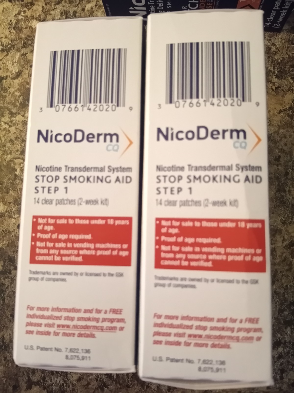 2 boxes NicoDerm CQ Step 1 Clear Nicotine Patches 21mg – 14 Count x 2 exp. 2028
