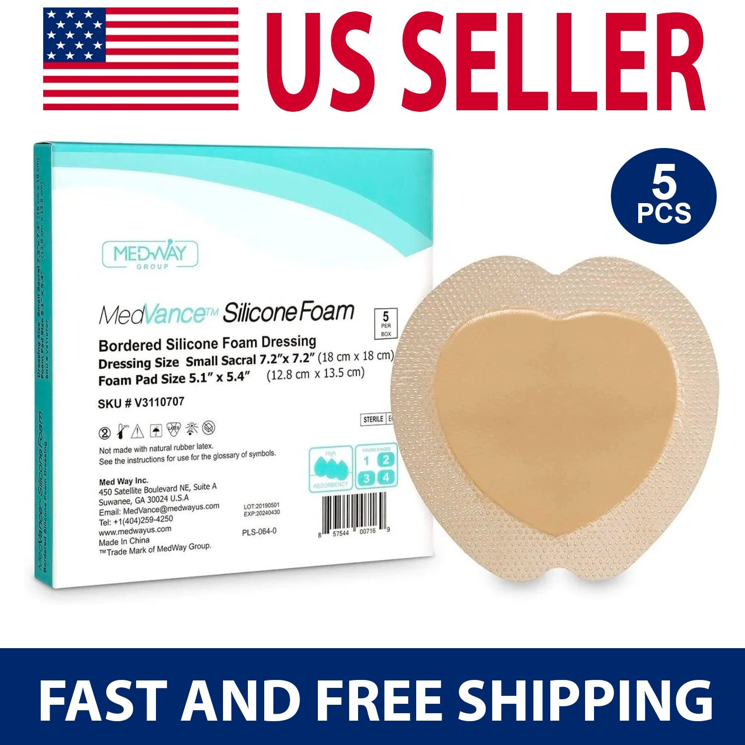 MedVance Silicone Bordered Adhesive Sacral Wound Dressing, 7″x 7″, Box of 5