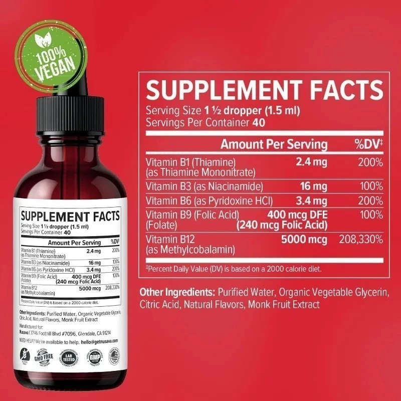 2-Bottles Vitamin B12 and B6 Liquid Drops B12 Complex – B1 Sublingual Vitamin B