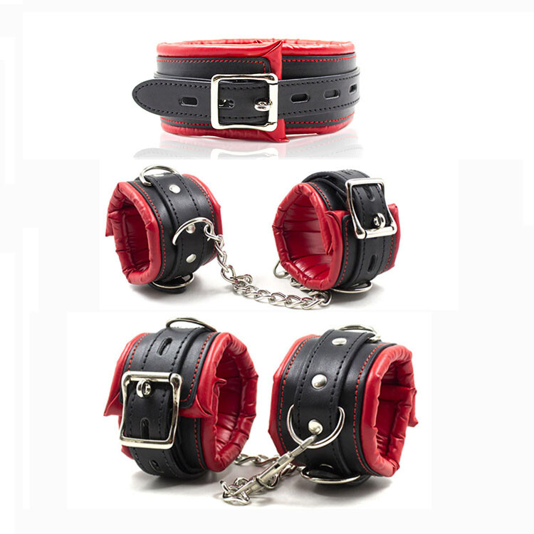 Soft Padded PU Leather Collar Wrist HandCuffs Ankle Set Restraint Bondage BDSM