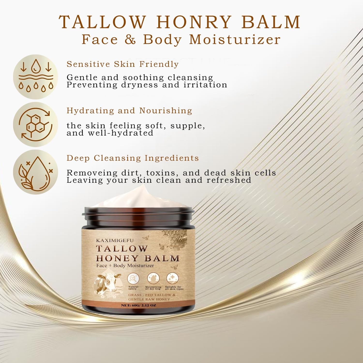 Grass Fed Whipped Beef Tallow Balm Honey Face Body Cream SPF20 2.8oz