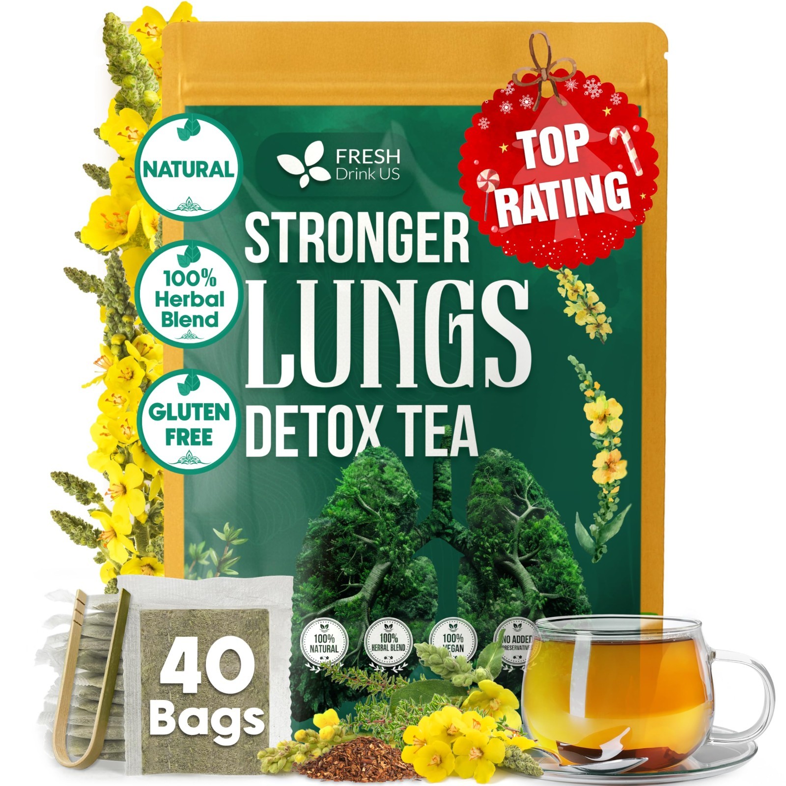 Stronger Lungs Tea – 40 Bags Mullein, Ginseng, Elderberry, Ginger, Thyme – Lung