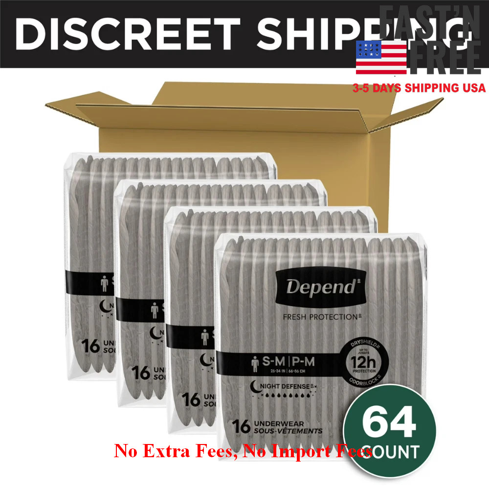 Depend Night Defense Men Incontinence Underwear, Adult Diapers, S/M, 64 Count