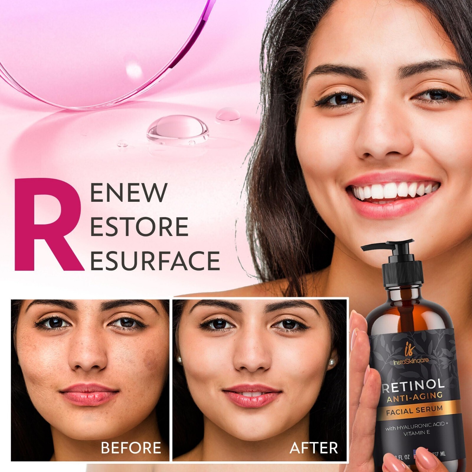 Retinol Serum for Face with Hyaluronic Acid + Vitamin E and A + Aloe Vera (8Oz)