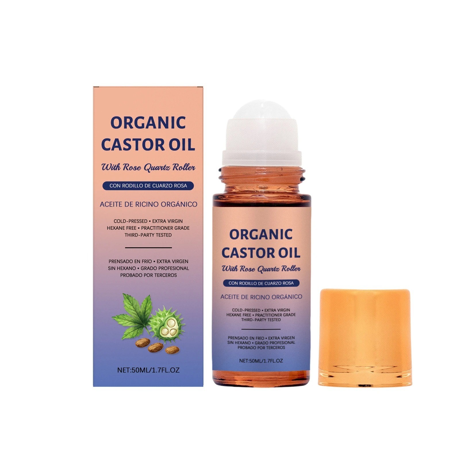 1Bottle Organic Golden Castor Oil Roll-On with Rose Quartz for Skin,Hair&Wrinkle