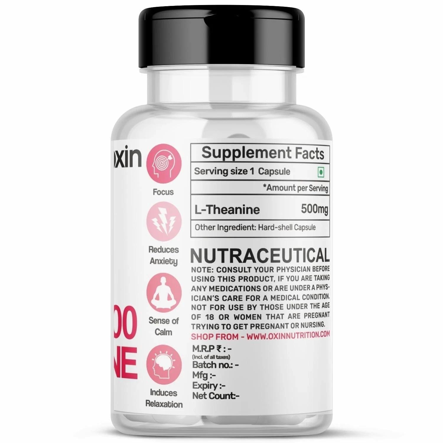 Oxin L Theanine 500mg Capsules Pure Series, 60 Capsules