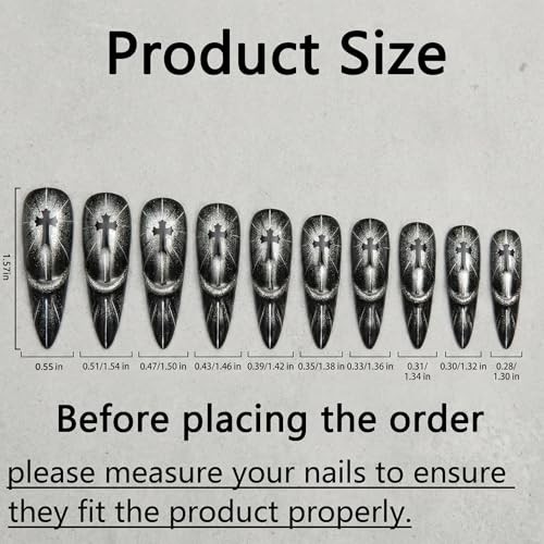 Gothic Press On Nails – 1.6in Ultra Long Stiletto Almond, Black 3D Cat Eye Desig