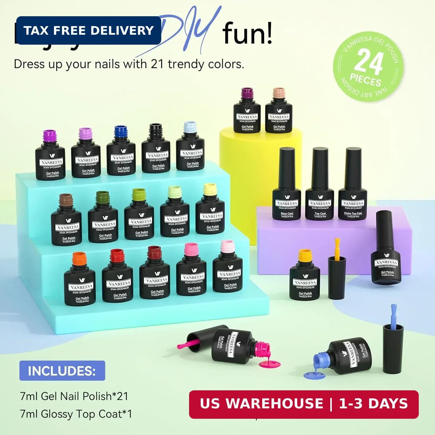 VANREESA 24 Pcs Gel Nail Polish Set, 21 Colors Gel Polish with Base Coat Glossy